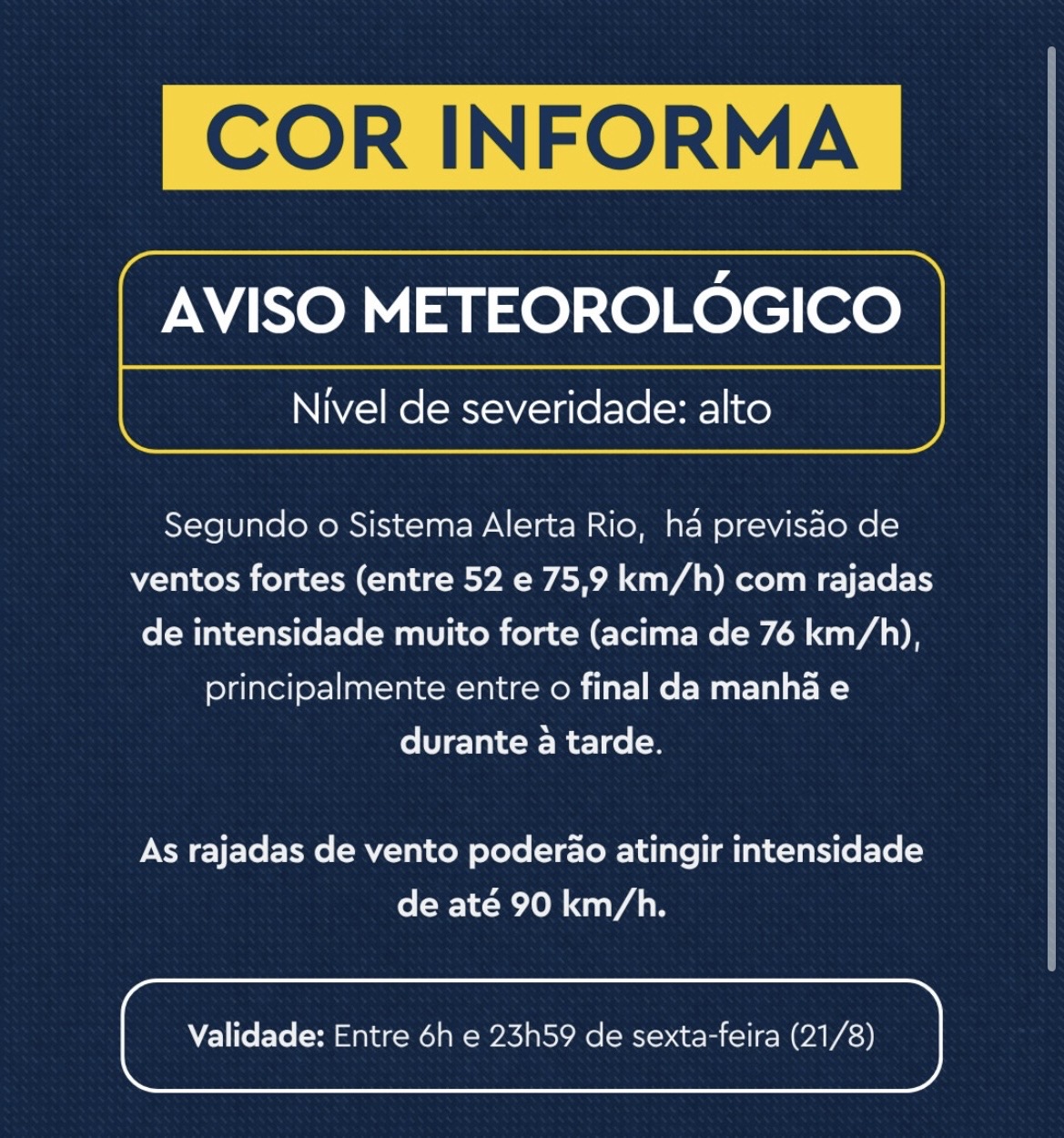 Rio terá ventos de até 90 km/h nesta sexta-feira; COR emite aviso de severidade alta
